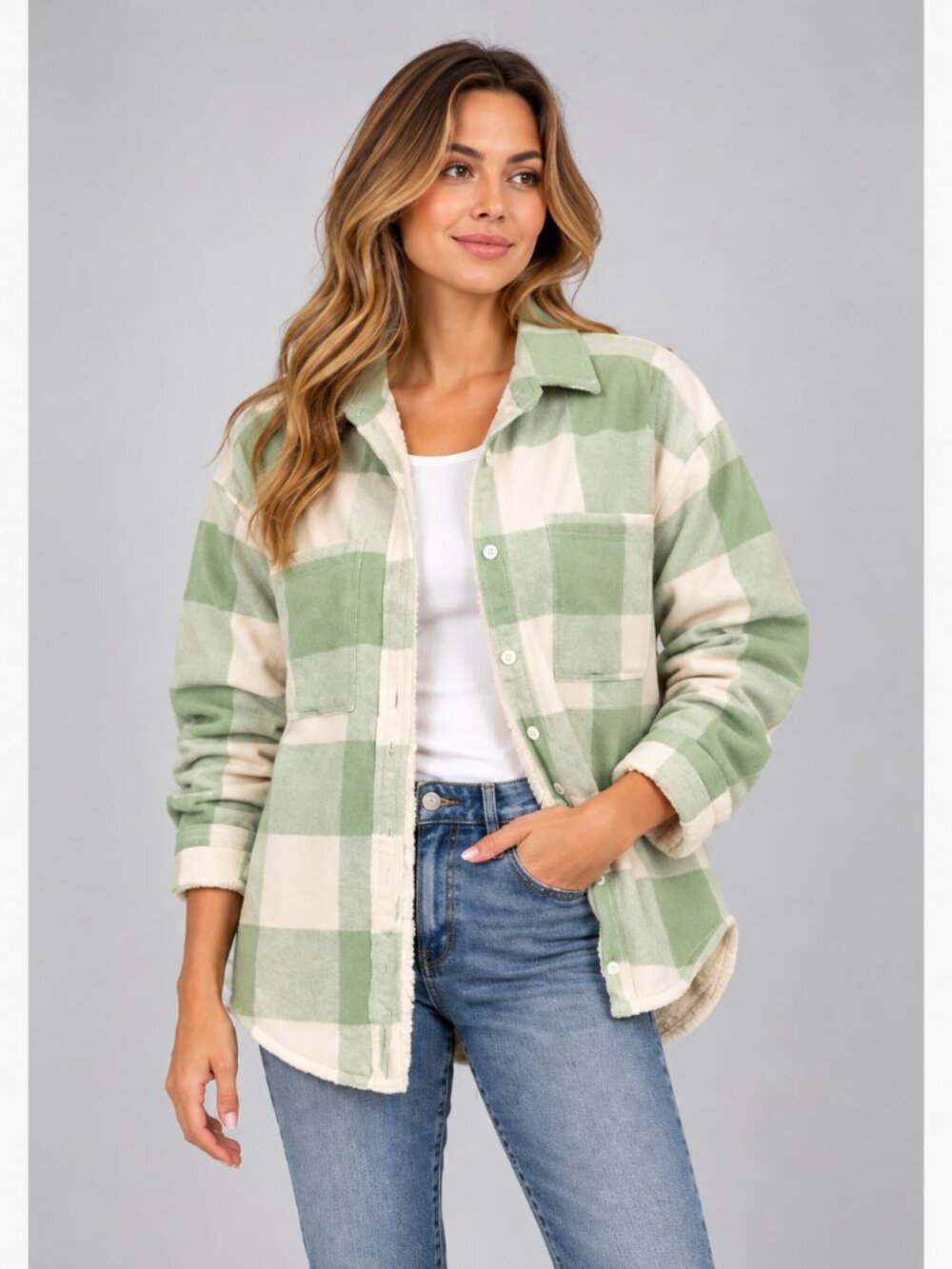 Aerie Sherpa Lined Plaid Flannel Shacket Sage Green Cream XS
